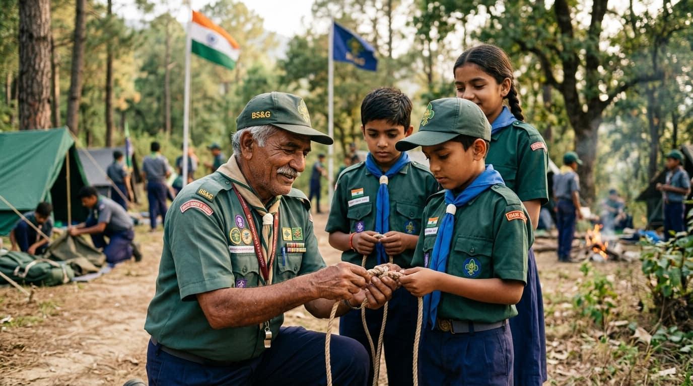 Scout master mentoring young scouts